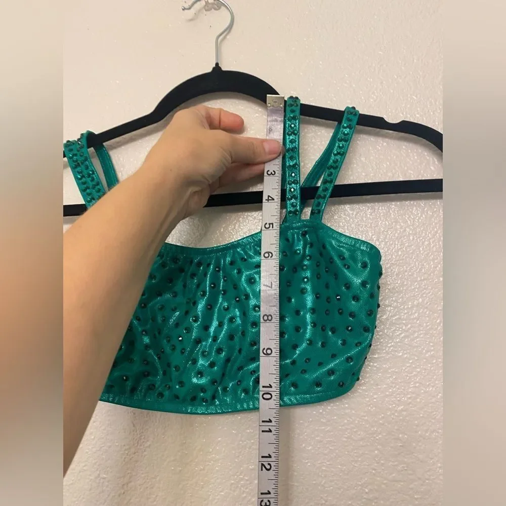 Glamour solo dance costume neon green Feather rhinestone embellished leotard XLC